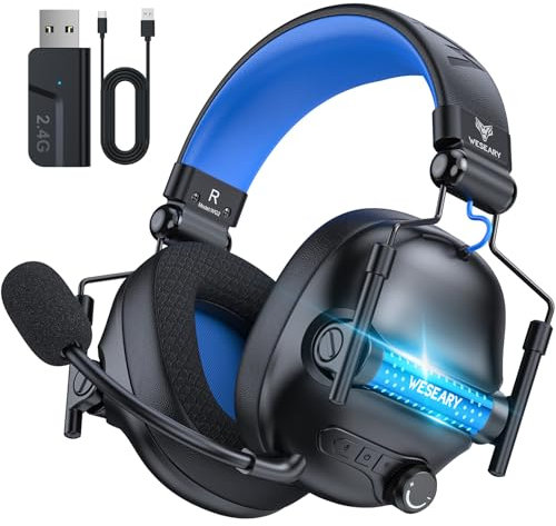 WESEARY WG2 Cascos Gaming Inalambricos, Auriculares Gaming Inalambricos de 2.4G para PS5, PS4, PC, Switch, Sonido Estéreo Auriculares con Microfono, Cascos Gaming con Luz LED, Duración 50Hr+