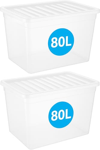 RelianceUK 2 X 80L Large Plastic Storage Boxes with Lids | 80 Litres Multipurpose Strong Stackable Storage Box With Clear Lids, Home Office Kitchen Garage Clothes Big Clear Containers