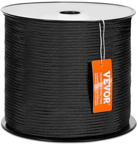 VEVOR Durable Nylon Cord, 3/16 inch x 1000 ft, 32-Strand Design, 720 LBS Load Capacity, Multi-Purpose Rope for Outdoor Adventures, Tree Work, and Emergency Situations, Black