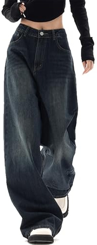 Xineicy Women's Jeans Y2K Wide Leg Baggy Jeans High Waist Jeans for Women Loose Vintage 90s Boyfriend Denim Pants, Blue, M