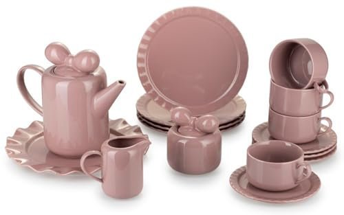 HowHomely Juego de café de cerámica para 4 personas – Juego con jarra, azucarero, jarra de leche, platos de pastel, 4 platos de postre y 4 tazas con platillos, ideal para juego de café o servicio de