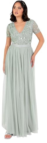 Maya Deluxe kvinnor kvinnor maxi kvinnor blommig paljett embellished V-hals kortärmad tyll sash slipsbälte empire A-line bridesmaid klänning, Grön lilja, 36