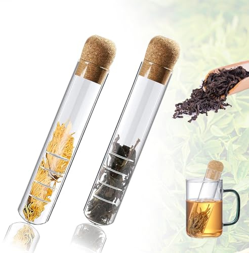 FISH DRAGATE 2 pcs Colino da tè in Vetro Trasparente,Filtro Per Te Sfuso con Tappo Sughero,Diffusore per tè in Vetro,Bottiglie Infusore Perfetto per Tisane