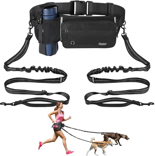 Tivray Correa para Perros Manos Libres 2 Perros, Correa de Cintura Ajustable Pasear Perro con Doble Bungees Mango Acolchado, Correa Trotar Amortiguador de Manos Actividades al Aire Libre, Negro