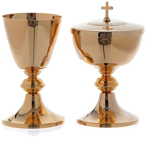 Holyart Cáliz Copón latón Dorado Nudo Circular, CálizAltura píxide: 14 cm|Altura cáliz: 15 cm|Diámetro Copa Cáliz: 8 cm|Diámetro píxide: 10 cm
