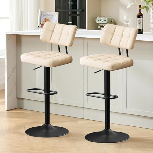 Ckaff Set di 2 Sgabelli da Bar, Sedie da Bar Girevole 360° Altezza Regolabile da Penisola, Sgabelli Alto in Similpelle, Sedie da Cucina con Schienale e Poggiapiedi per Bar Cucina Ristorante, Beige