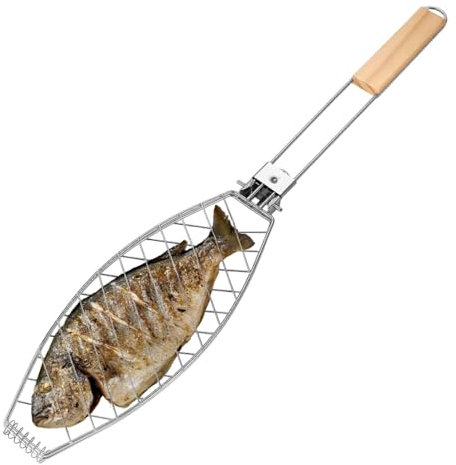 Fischbräter, 1 Stuck Edelstahl Fisch-Grillkorb mit Holzgriff, Faltbarer BBQ Grillkorb für Fisch und Gemüse zur Grillen, Camping und Grillen