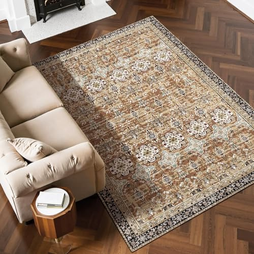 VEVOR Area Rug, 6 x 9 ft Large Washable Rug, Non-Slip and Tear-Resistant Soft Carpet, Pet & Child Friendly Vintage Area Rugs, Indoor Mat for Bedroom, Living Room, Kids Room, Entryway, Brown Green