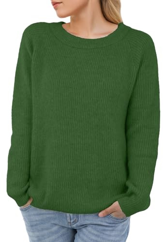 PrinStory Damtröjor med rund hals vardaglig stickad pullover långärmad toppar för damer mjuka tröjor, Skogsgrön, L