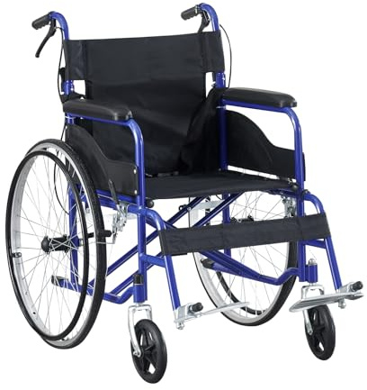 BSTSEL Folding Wheelchair Self Propelled Travel Transit Mobility Aid with Adjustable Footrests with Handbrakes Self Parking Brake Indoor Outdoor Use 18“ Wide Seat (Blue Frame)
