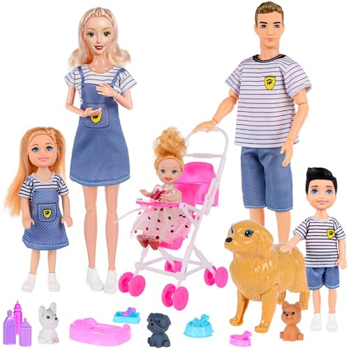 dollbie Puppen Familie Spielset mit Kinderwagen Set- 6 Personen, Haustiere & Zubehör für 3-12 Jahre alt | Kleinkind Geschenk mit schwangerer Mutter, Vater, 3 Kinder, Hunde und interaktives Spiel