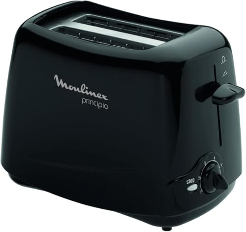 Moulinex Principio, Tostadora de 2 Ranuras, 850 W, 6 niveles de tostado ajustable, Bandeja recogemigas, Diseño fácil de usar y limpiar, Ideal para pan fino y grueso, Negra, TT110232