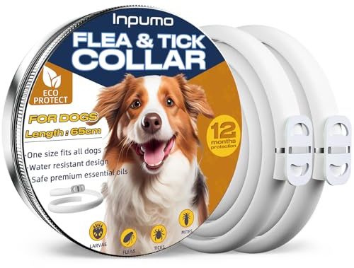 Collier Anti Puces pour Chien, Réglable Collier Anti Puces Chien Naturel Imperméable, 12 Mois Protection Coller Anti-Puces et Anti-tiques, 2 Paquet