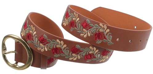 SUPVOX Boho Embroidered Brown Waist Belt for Women with Buckle, Handmade Floral Statement Waistband for Jeans and Dresses, Western Style Fashion Accessory