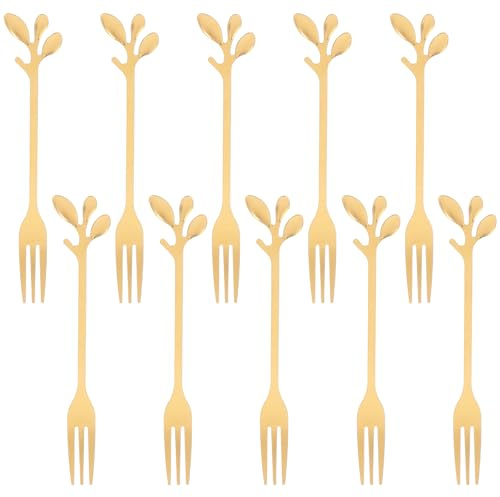 SHINEOFI Juego de 10 Tenedores de Postre Dorados en Acero Inoxidable Diseño de Hoja, Mini Tenedores para Aperitivos, Cócteles y Frutas, Resistentes y Compactos para Uso en Fiestas y Buffet