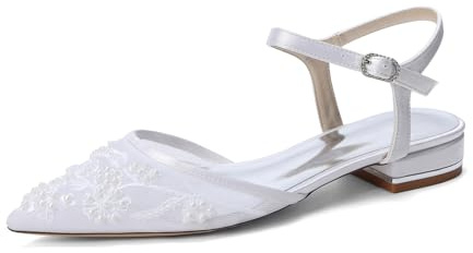 Yhsdfcn Bailarinas de Satén y Malla Slingback con Correa de Cristales, Zapatos de Novia Planos de Talón Abierto con Perlas, Punta Fina Elegante para Fiesta,Blanca,43 EU
