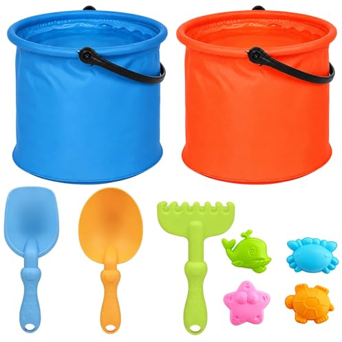 9Pcs Bucket and Spade Beach Set, Sand Play Collection for Outdoor Activities, Foldable Buckets and Assorted Tools with Colourful Moulds, Durable Construction for Sandcastle Building and Beach Games