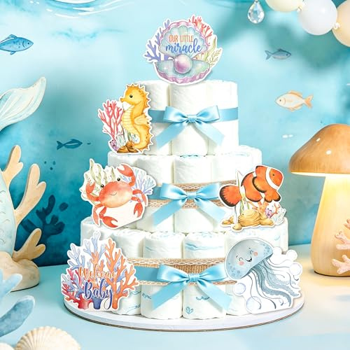 Sjöjungfru baby shower dekorationer ocean blöjtårta dekorationer | Sjöjungfru baby shower ocean blöja tårtdekorationer party under havet kaka tillbehör band dekorativa kort