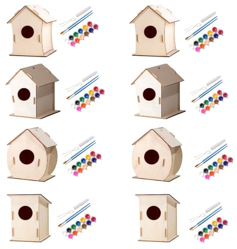 YIVFOX Wooden DIY Hanging Patchwork Birdhouse Set, Suitable for Children's Parties and classrooms, Artistic Painting Handmade Birdhouse Set.Creative Handmade Party Design. (4pcs)