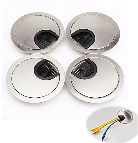 MXD 4X 60mm Desk Table Grommet Zinc Alloy Desk Hole Covers,Computer Desktop Grommets Cable Management Wire Organizers,Round Table Cable Hole Cover for Home Office,Brushed Silver
