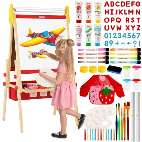 Belleur 3 in 1 Staffelei Kinder von 2–8 Jahren, Verstellbare Standtafel aus Holz, Doppelseitige Kindertafel mit Tafel und Whiteboard, Fingerfarben, Papierrolle, über 100 Zubehörteile