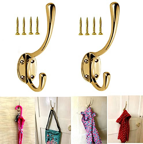 TERF® Polished Brass Double Wall Mounted & Door Hooks Hat Coat Robe Hooks for Bathroom Bedroom Kitchen Office Door Hooks with Fixing Screw - Pack of 2
