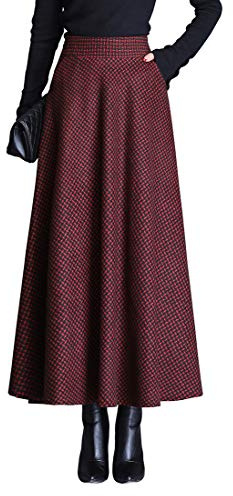 Gonna a Quadri Lunga Donna Inverno Vita Alta Lana Maxi Gonne Vita Elastica Vintage Elegante Svasata A-Line Gonne Plissettata Casuale Festa B Red Wine S