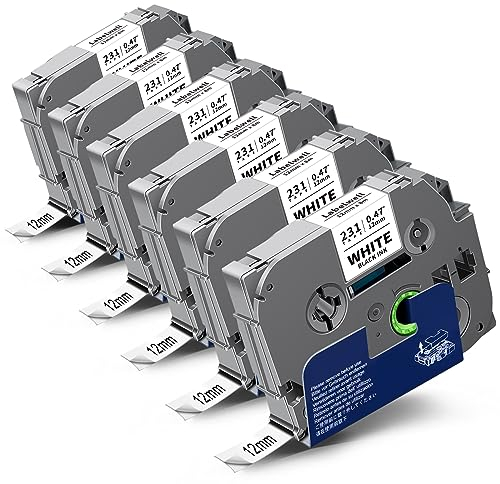 6x kompatibel für TZe-231 TZ 12mm Tape 0.47 Laminated Schriftband für Brother Ptouch Beschriftungsgerät PT-H107B H100LB H105WB D210 H110 1000 D400 P710BT E100 TZe231 TZ231 Schwarz auf Weiß Bänder