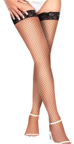 Fohevers Femmes Résille Bas Dentelle Haut Plus Taille Cuisse Haute Résille Collants Rester Haut Engrener avec Silicone Tenir Haut Cuisse,Filet Moyen