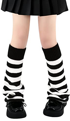 Olreco Kawaii Y2K Harajuku Beinwärmer für Mädchen & Frauen - Gyaru, Goth & Lolita Zubehör, Schwarz & Weiß Streifen Ausgestellt, Einheitsgröße