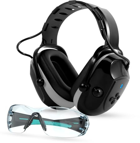 Muffpro Bluetooth Ear Defenders, Earmuffs, Hearing Protection + Goggles, NRR 25dB Noise Cancellation, Mowing Construction, black, L