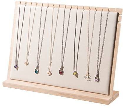 Justsoso Bamboo Necklace Display Stand, Pendant Necklace Wood Jewellery Holder, Chain Jewelry Rack Organizer for Show Sell (Beige Velvet)