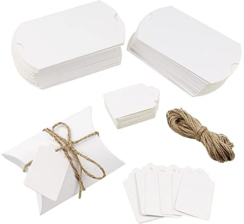 DAGORD 50 Stück Kraftpapier Geschenkkarton + 50 Stück Kraftpapier Etiketten Tags + 20m Schnur, Kleine Geschenkschachteln zum Befüllen Kraftpapier Geschenk Box für Süßigkeiten Nuss Hochzeit - Weiß