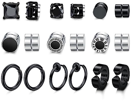 MILACOLATO 9 Paar Magnet Ohrringe Herren Nicht Durchbohrt Silber 316L Edelstahl Magnetohrringe CZ Magnet Diamant Clip auf Ohrring Ohrstecker Fake Magnetische Ohrringe Set Schwarz
