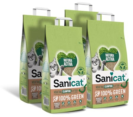 Sanicat - Arena Vegetal Aglomerante Natura Activa 100% Green, Alta absorción y Aglomerados de Forma Natural, Producto Reciclado, Biodegradable y Compostable, Pack de 4 Unidades de 2.5 Kg