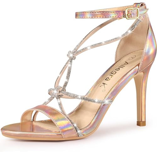 Allegra K Women's Rhinestone Knot Strap Stiletto Heels Sandals Rose Gold 4 UK/Label Size 6 US