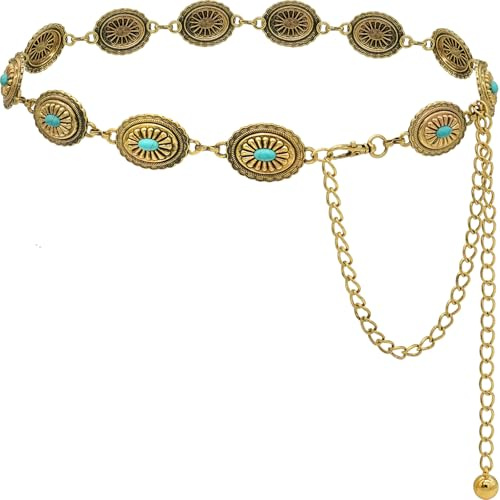 Liutufy Concho-kedjebälte för kvinnor western cowgirl metall midjebälte för klänning, B Guld, M: 47.2 in/120 cm