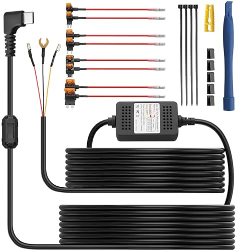 eSynic Kit de Cableado Directo para Dash CAM USB-C 3.5m - Conversor 12V-24V a 5V con Protección de Baja Tensión y Modo Acc, Incluye Portafusibles para Coche, Camión y SUV
