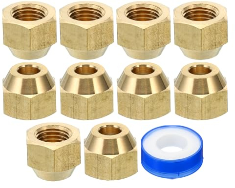 PATIKIL 1/4 SAE Écrou Évasé en Laiton, 10 Pcs 45 Degrés Raccord de Tube Évasé en Cuivre, Capuchon de Raccord de Tuyau en Laiton avec Ruban Adhésif pour Conduite de Gaz d'Eau, Brillant