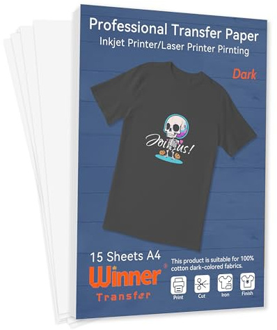WinnerTransfer Professional Heat Transfer Paper Dark Fabric Transfer Paper Iron on A4 15 Sheets Cotton T-Shirt Printing Iron on Transfers for Inkjet & Laser Printer(WT-H-D-15)