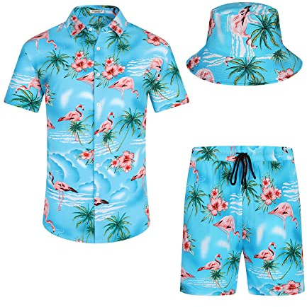 SPKPKEY Hawaiiansk skjorta och shorts för män, set i 2 delar, ledig button-down-skjortor, sommar, strandkläder med fiskhattar