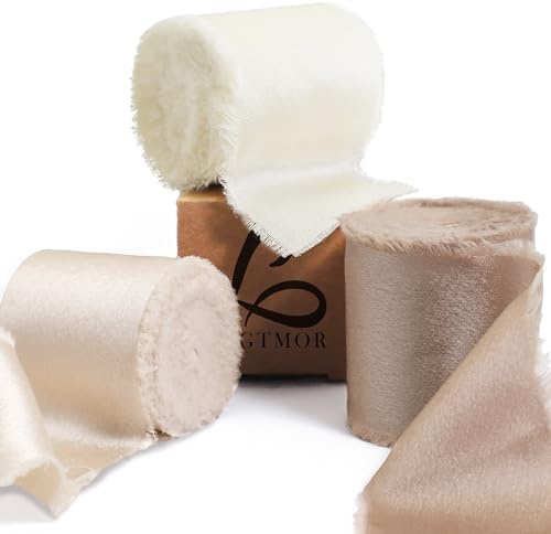 Ligtmor Silk Satin Ribbon 1-1/2 inch x 15 Yard (3.8cm x 13.5m) Handmade Frayed Chiffon Ribbons for Gift Wrapping Crafts Wedding Flower Bouquet Holiday Décor - Champagne & Nude