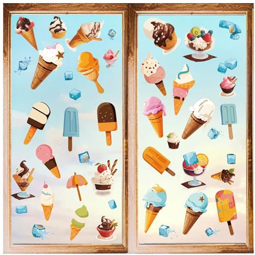 CRASPIRE 8 Styles Colorful Ice Cream Window Stickers Summer Window Decor Clings Adhesive Vinyl Art Dessert Cartoon Colors Stick Decals Peel and Stick for Home Wall Window Cling Supplies Decorations