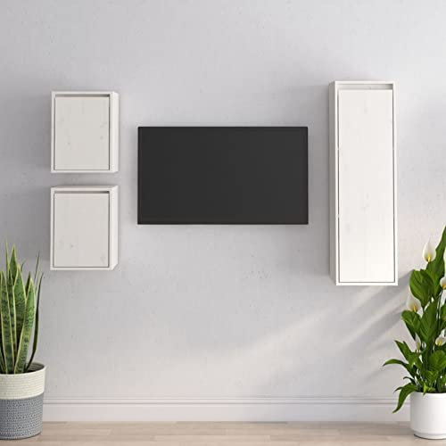 ShGaxin TV-möbler, 3 delar, TV-skåp, TV-bord, TV-bord, vardagsrumsmöbler, TV-möbler, massivt furuträ vit