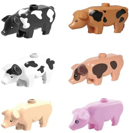 TRavesty 6 Stück Tiere Minifiguren Bausteine Bausatz, Schwein Modellfiguren Baustein Sets, Tierfiguren Minifiguren Bauset, Plastiktiere Mini Tiere DIY Zubehör Bausteine Modell
