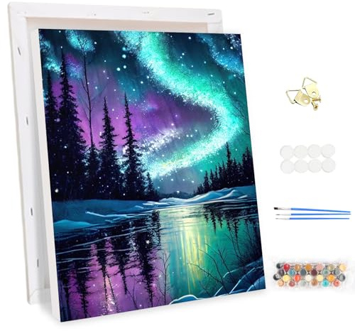 MEIYUDA Pintar por Numeros Adultos con Marco Aurora Boreal, DIY Painting by Numbers Kits Cuadros por Numeros, Pintura de Bricolaje Sobre Lienzo con Pinceles Decoración para el Hogar 30x40cm
