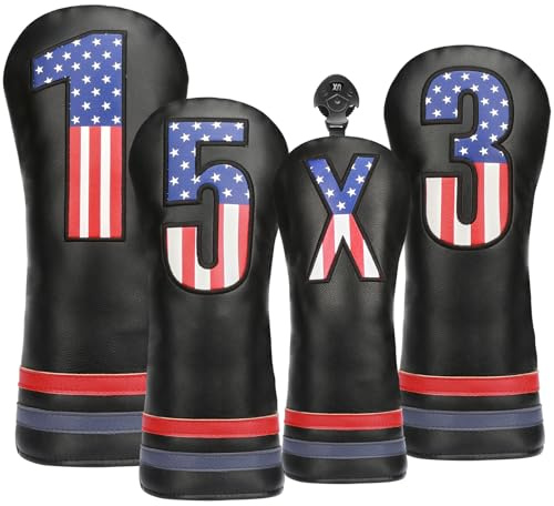 Golf Club Head Covers, 4pcs USA Flag Golf Club Covers for Woods and Driver Fairway Hybrid, Premium PU Leather Patriotic Golf Head Covers for Men Women - Fits Most Golf Clubs(Black)