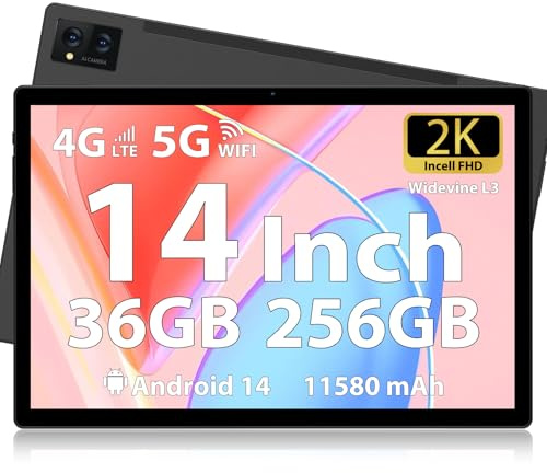 LEVIRTU Tablet 14 Pollici Android 14 tablet, 256 GB ROM(Expand to 2TB),36 GB(12+24) RAM, Octa-Core 2.0GHz, 1920 * 1200 FHD 4 Speakers, 4G LTE/5G WiFi, 11580 mAh Battery, Con Custodia, Penna,Nero