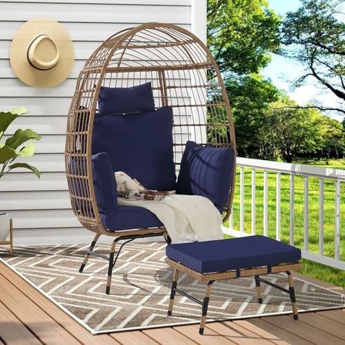 Wicker Rattan Hanging Egg Chair with Ottoman for Indoor & Outdoor Use,Oversized 600lbs Capacity Egg Swing Chair with Thick Cushions, Perfect for Porch, Backyard, Balcony (Dark Blue)