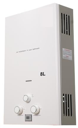 MINING Scaldabagno Senza Serbatoio, Scaldabagno A Gas Propano Senza Serbatoio 8L 16KW GPL Riscaldatore di Acqua Calda Istantanea Caldaia Display A LED Campeggio Esterna con Kit Soffione Doccia(White)